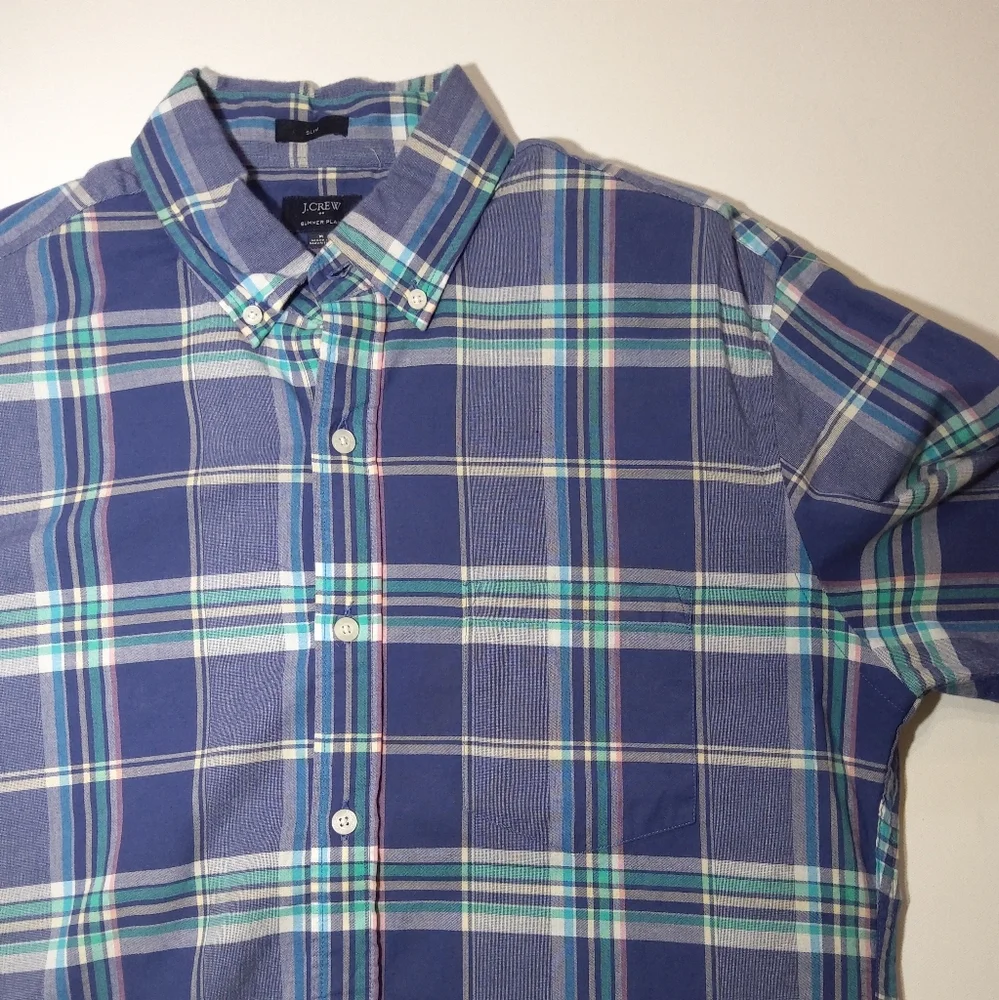 J.Crew Mens Button Down Medium Blue Green Summer Plaid‎ Slim Fit Preppy Casual